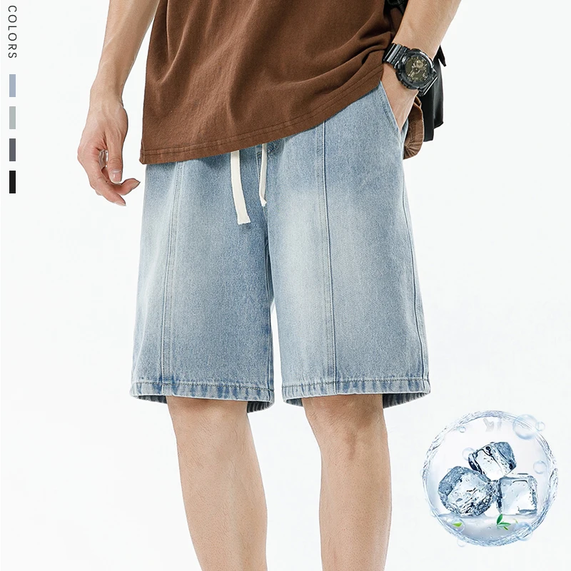 

Summer Thin Knee-length Jeans Men's Loose Retro Washed Denim Shorts Light Blue Fashion Korean Wide Leg Drawstring Casual Shorts