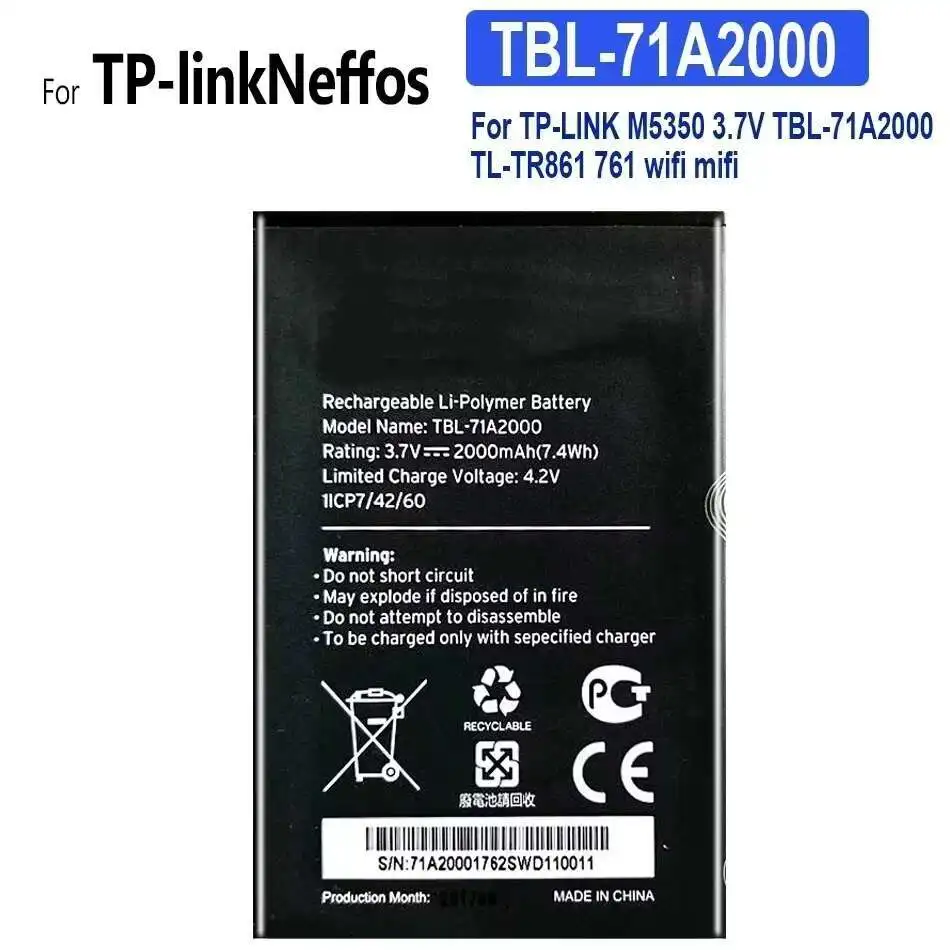

2000 мАч аккумулятор для мобильного телефона премиум-класса для TP-Link M5350 3,7 В Tbl-71A2000 TL-TR861 761 Wi-Fi Mifi