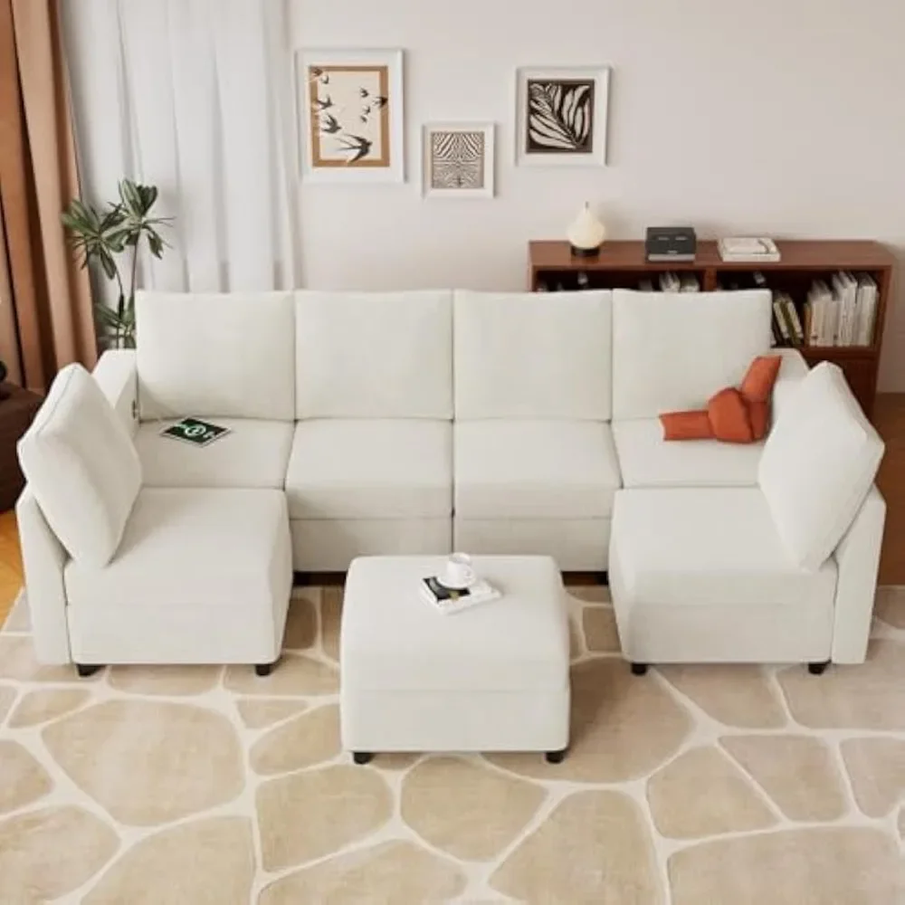 

131.6"/108" Cream White Chenille Oversized Modular Sectional Sofa with Storage and USB Chargers