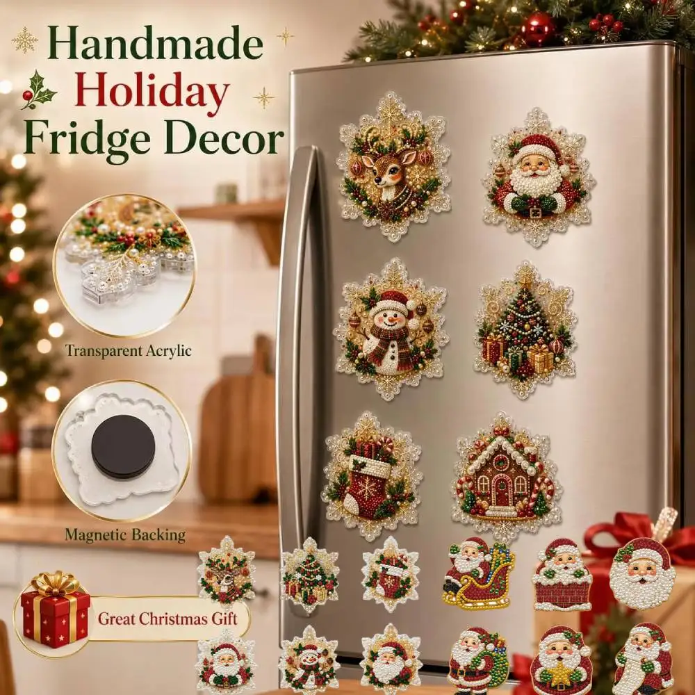 New 6pcs DIY Diamond Art Painting Christmas Acrylic Fridge Magnets Kit Pearl Craft for Holiday Home Decoration