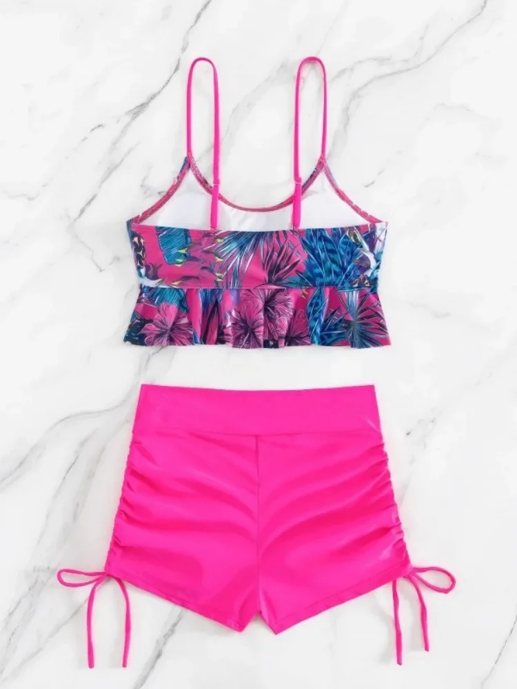 Bikini con tiras 2025, traje de baño de cintura alta para mujer, pantalones cortos con volantes y estampado de flores, traje de baño para mujer, ropa de playa