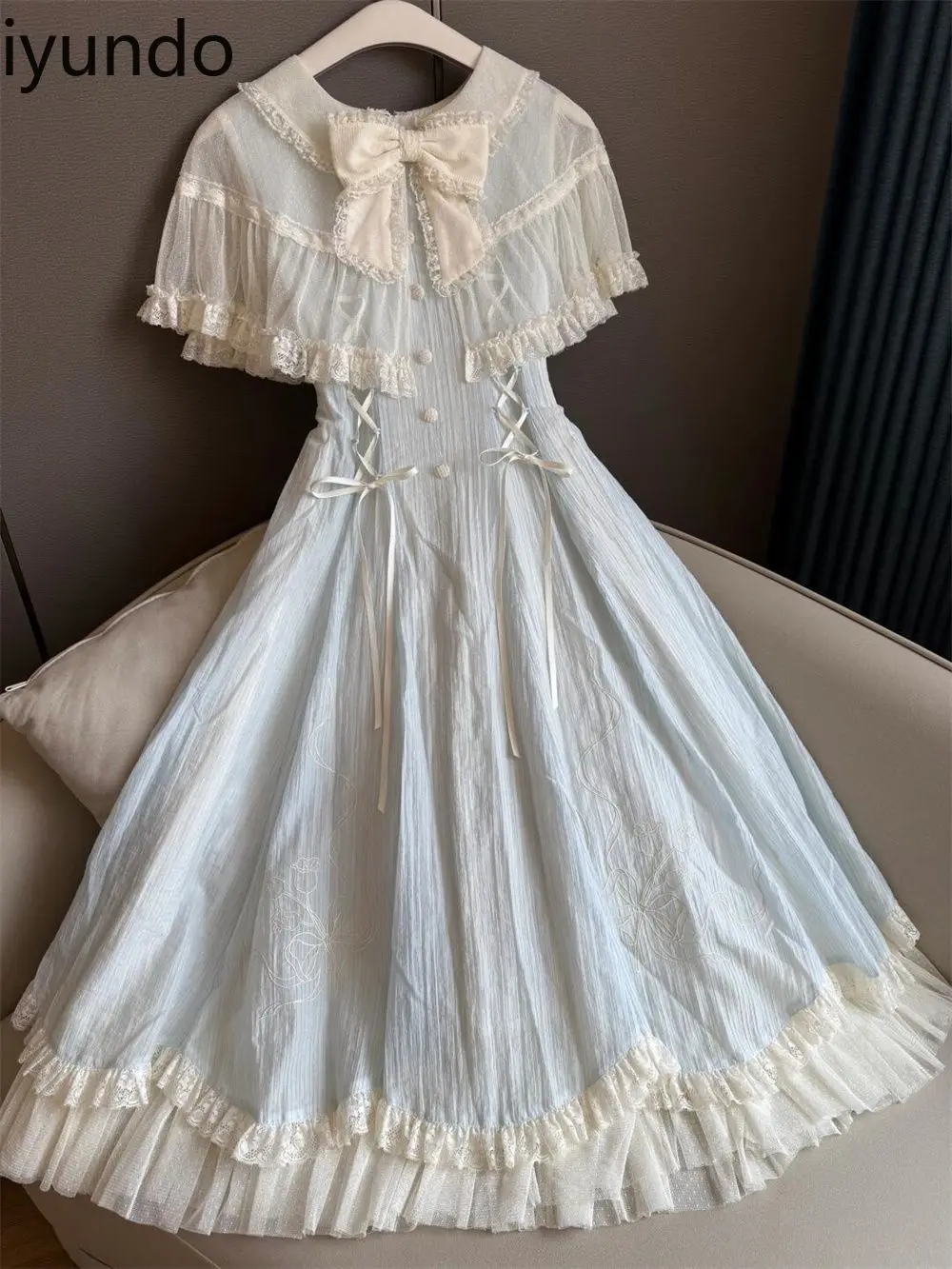 

Lolita New Design Lace Bow Tie Ruffle Robe New Slim Fairy Long Skirt Vestido Largo Elegante Para Fiesta Long Dresses for Women
