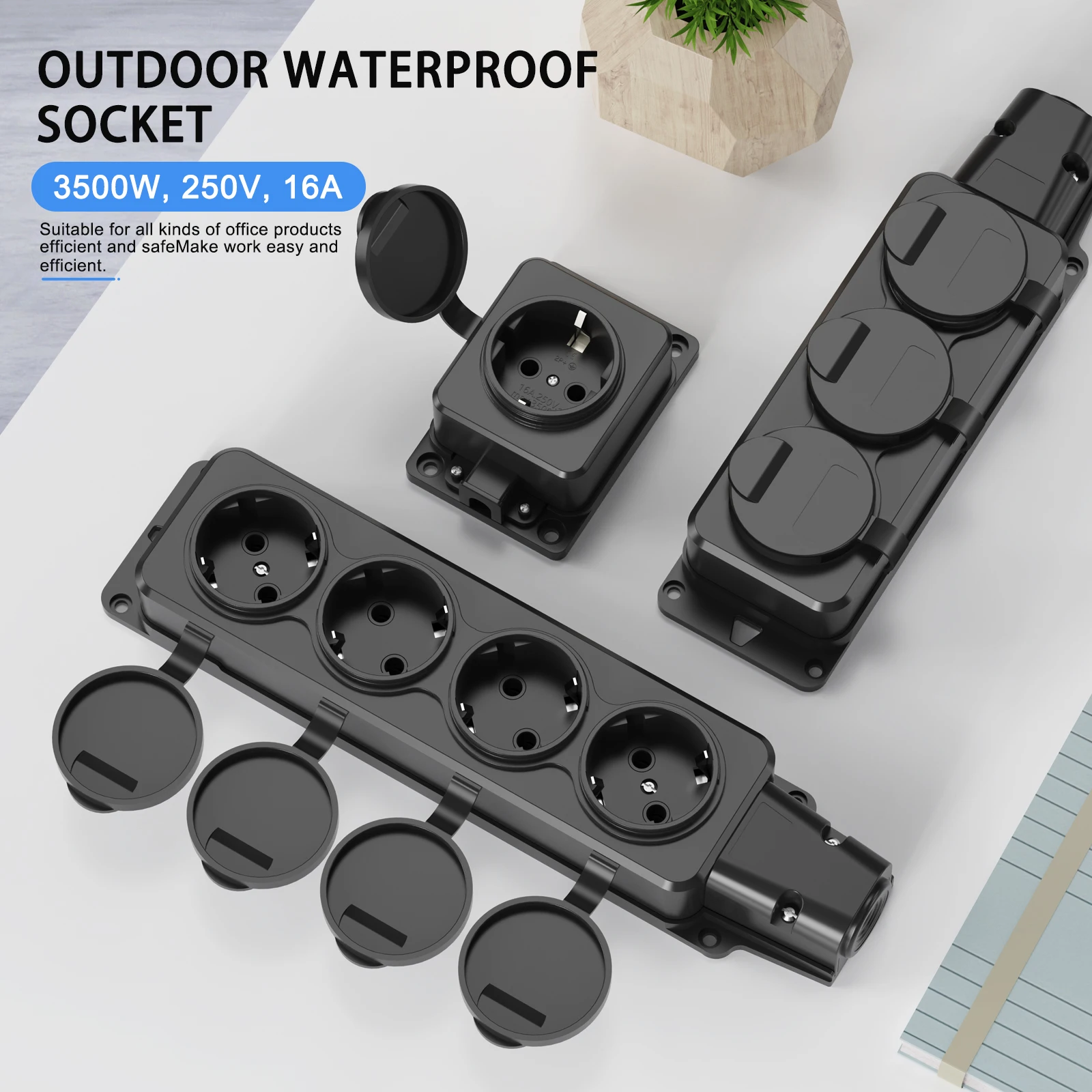 German outdoor waterproof socket, 1/3/4 road with covered rain head wireless expansion socket with ground, IP54 16A 3500W