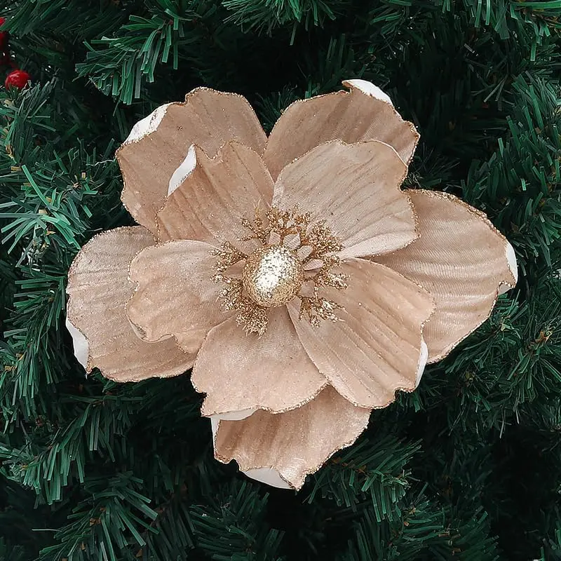 6PCS Glitter Christmas Magnolia Flowers Artificial Magnolia Floral Ornaments Christmas Poinsettia With Stems For Christmas Tree