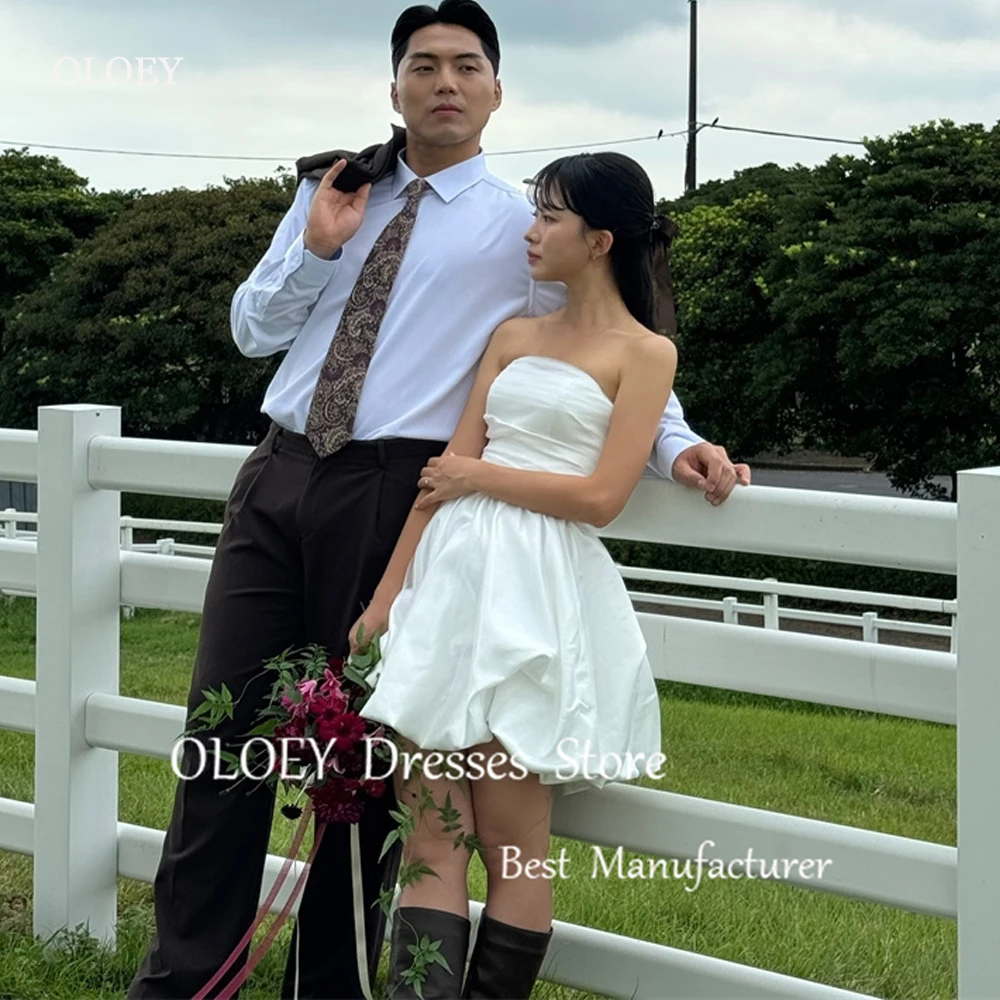 OLOEY Simple A Line Mini Short Wedding Dresses Korea Photo shoot Strapless Pleats Bride Gowns Formal Party Dress Corset Back