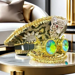 Leopard Head Gold Festival Captain Hat Steampunk Military Cap Masquerade Unisex Goggles Music Festival Sergeant Hat Cosplay