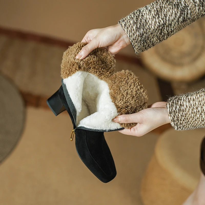 Women Ankle Boots Winter Warm Shoes Real Fur Inner Ladies Shoes On Thick Heel Sheepsuede Retro Botas Side Zip Short Botas