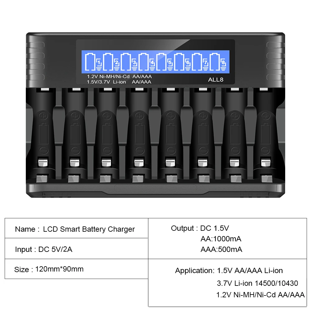 Intelligent Smart battery charger LED display, 8-slot lithium battery charger, for 1.5V 3.7V AA/AAA NiMH