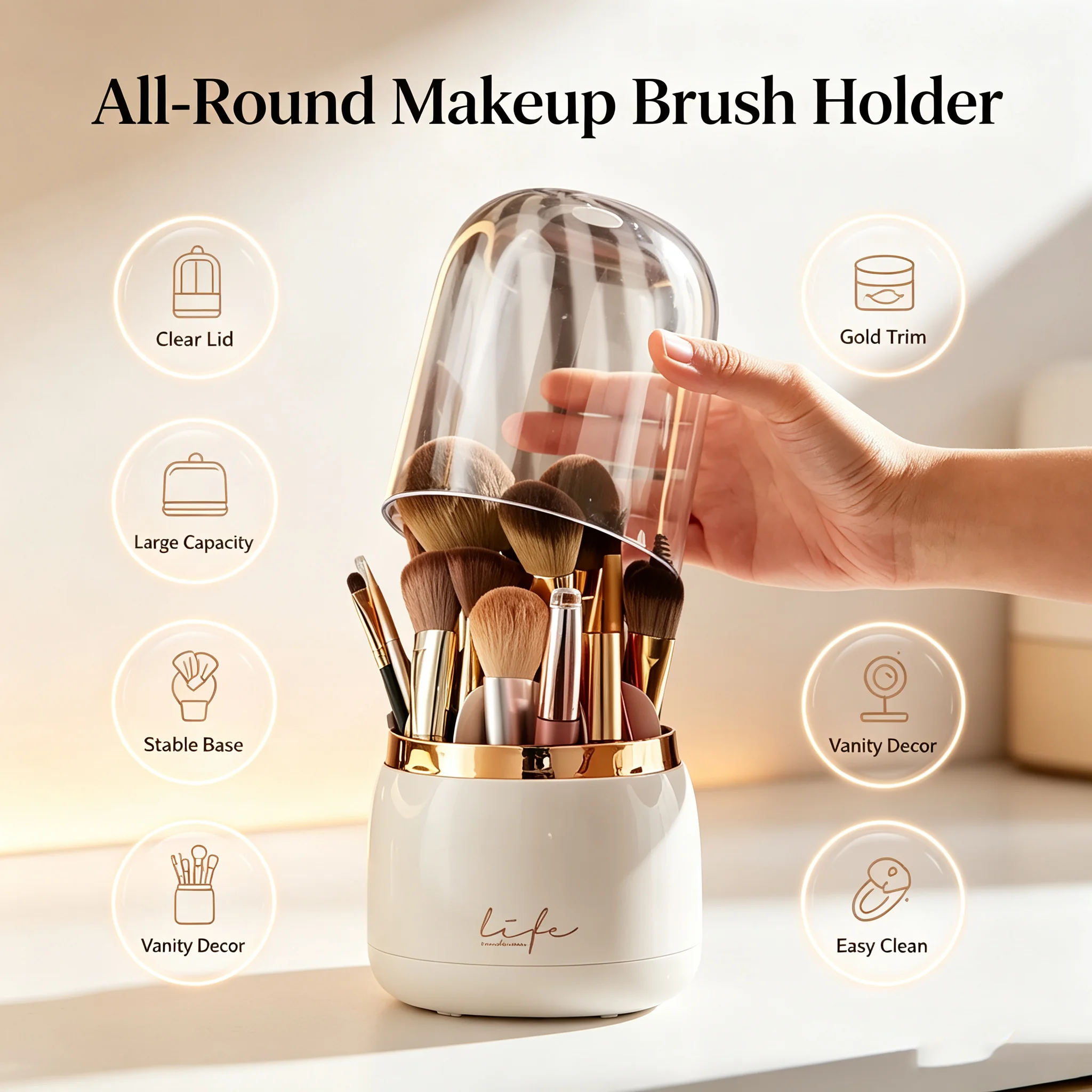Rotatable Makeup Brush Organizer Luxury Gold Trim for Girls Desktop Dust‑proof Easy Access