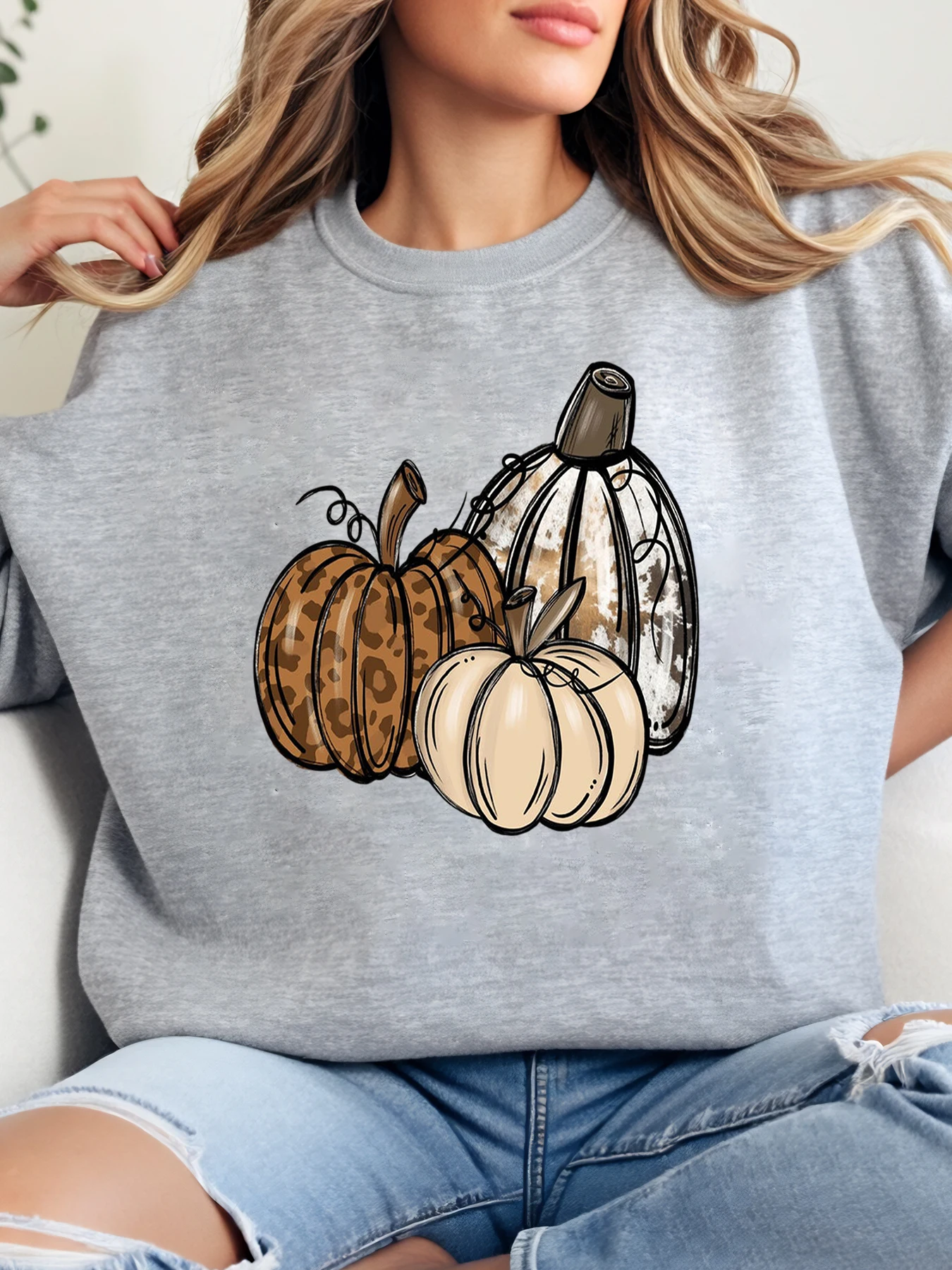 

Осенний осенний свитшот с круглым вырезом и принтом тыквы, женский повседневный наряд, домашняя одежда, серый, большие размеры
