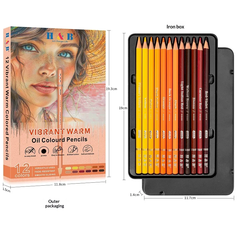 H&B Oil Colored Pencils 12 Colors Set Clear Lines & Natural Blending, Strong Coverage, Not Easy to Fade, Portable Metal Tin Case