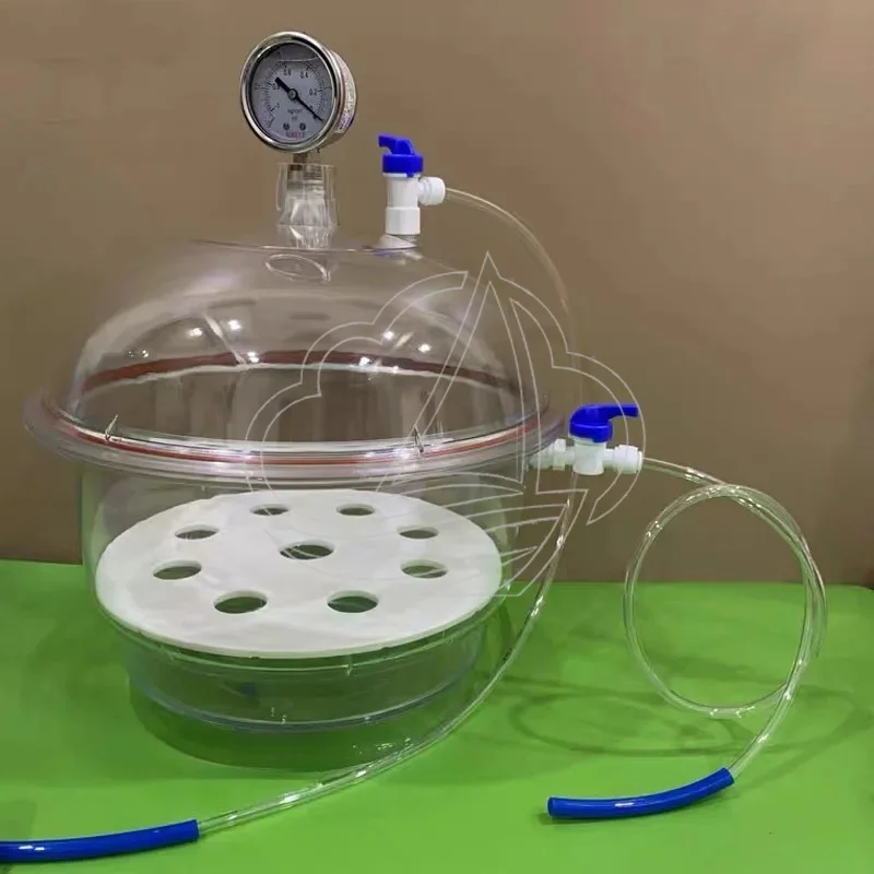 PC-3 252MM Polycarbonate Vacuum Dryer Transparent Lab Desiccator with Dual Valves & Pressure Gauge