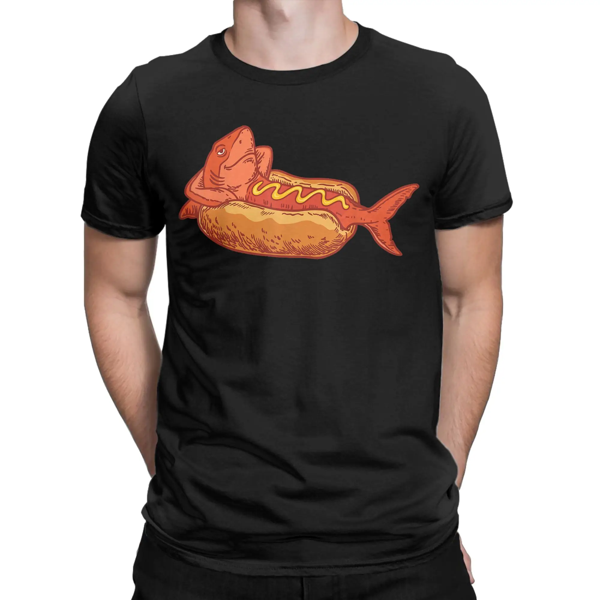 Funny Shark Hot Dog Mustard Food Mashup Humor T Shirts Men 100% Cotton Humor T-Shirt O Neck  Tee Shirt Short Sleeve Tops