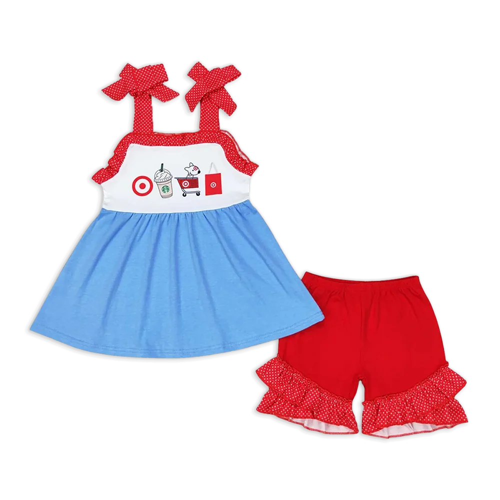 

GSSO1205 Baby Girls Summer Outfits Baby Girls Coffee Cart Straps Tunic Ruffle Shorts Clothes Sets