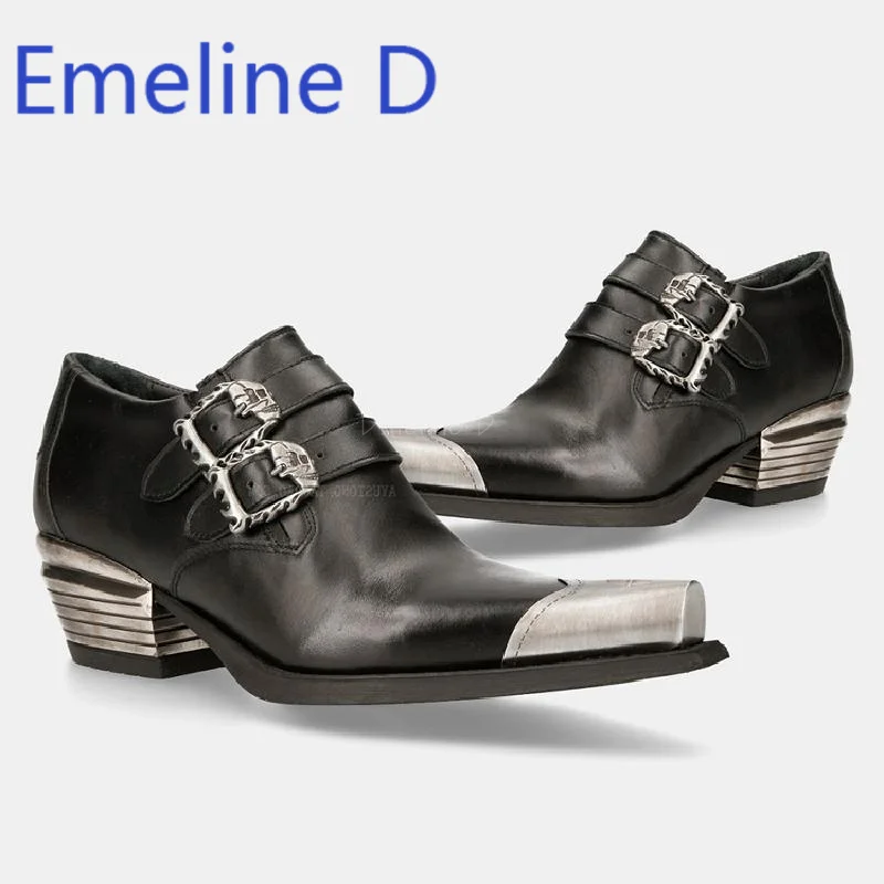 

Metal Thick Heel Loafers Punk Style Couple Style Height Increasing Buckle Design Pointed Fashionable Casual Leather Shoes