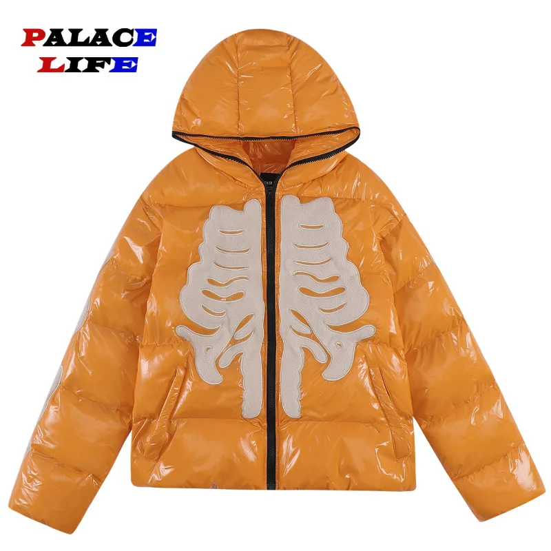 Winter Bright Skeleton Patch Parka Men Hip Hop Street Harajuku Y2k Thicken Warm Padded Coats Loose Windproof Coat Unisex