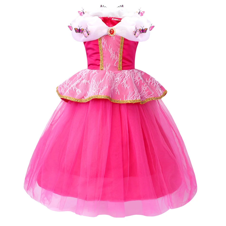 Disney Princess Sleeping Beauty Cosplay Costume Girls Rose Red Butterfly Dress Kids Luxury Ball Gown for Carnival Birthday