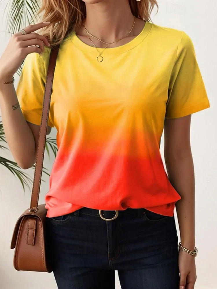 T-Shirts For Women 3d Gradient Printed O-neck Tees Casual Street Femalewear Summer Oversized T-Shirt Fashion Lady Y2k Clothing