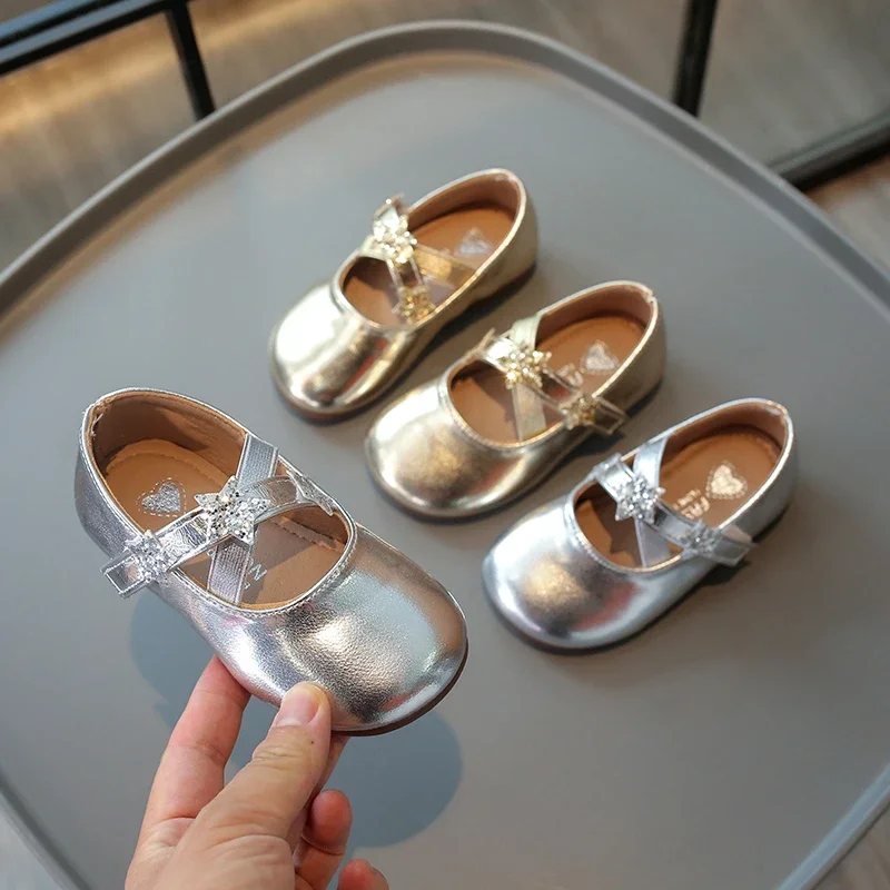 Children's Leather Shoes Solid Color Girls Ballet Shoes Fashion Simple Princess Versatile Kids Party Shoes Gold Silver Causal