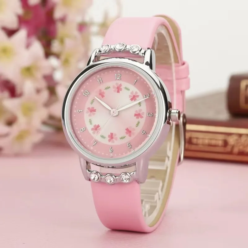 UTHAI CQ09 Fashion and Simple Children's Watch Quartz Flower Girl Watch Princess Leather Quartz Watch Water Diamond Retro Clock