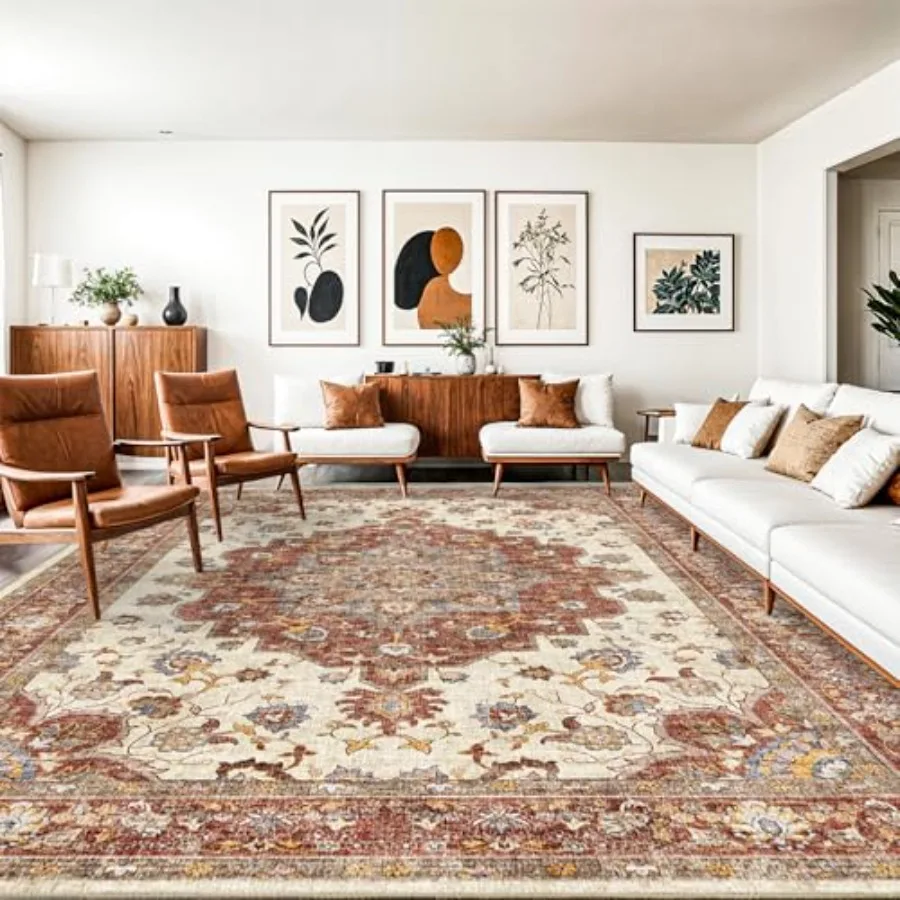 

Washable Oriental Area Rug for Living Room and Bedroom Soft Waterproof Stain Resistant Floral Design Indoor Carpet with Distres