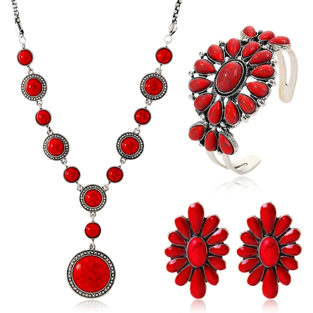 

Natural Turquoise Jewelry Set Handmade Y Necklace Geometric Flower Earrings Boho Bracelet Gift for Women