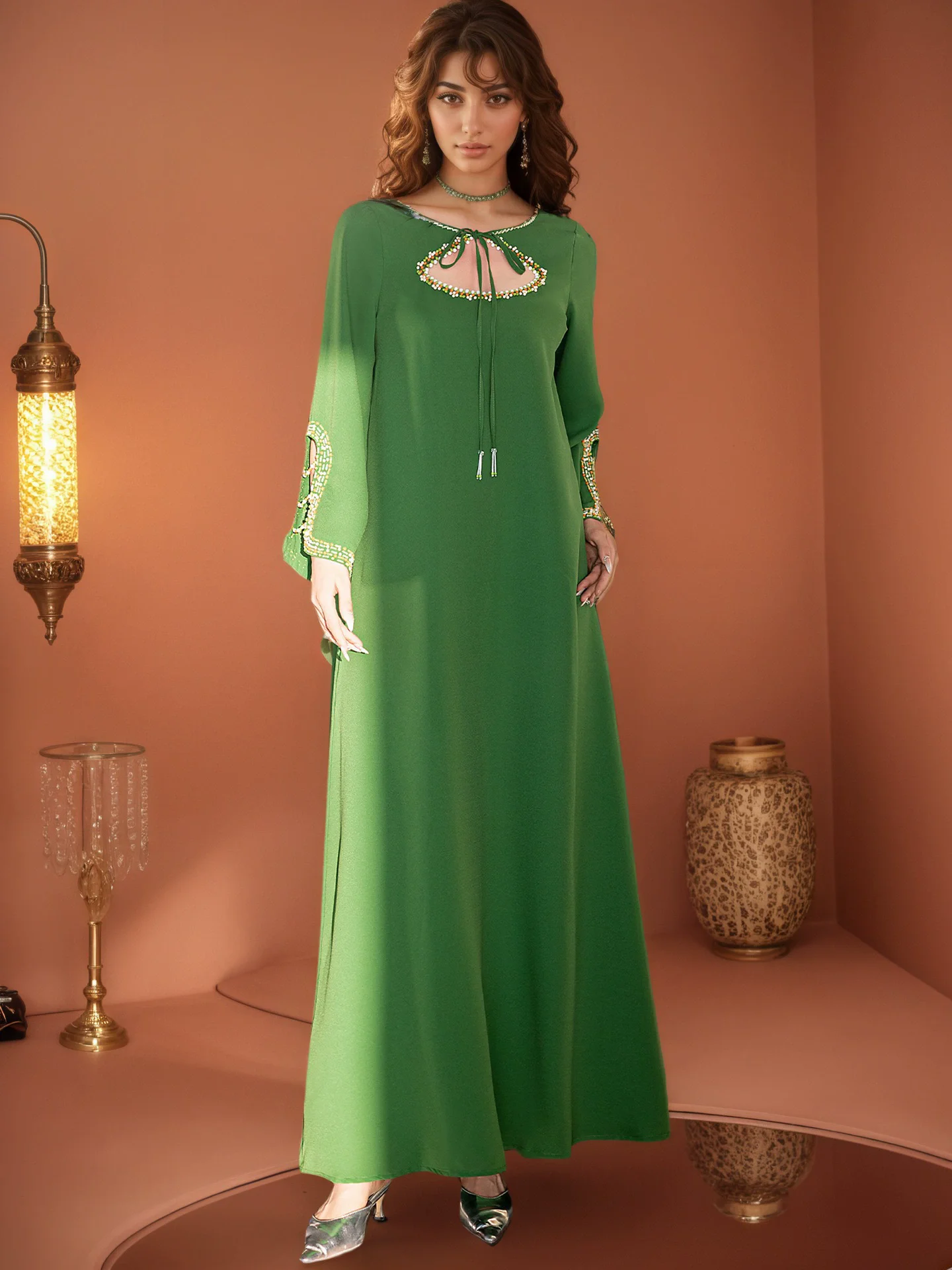 Ramadan Muslim new women's clothing European and American light luxury long sleeved loose slit fashion dress with diamonds