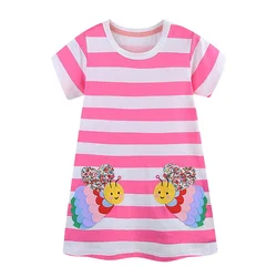 2-7T Jumping Meters Bees Applique Princess Girls Dresses Summer Striped Baby Clothing Cotton Kids Frocks Dresses