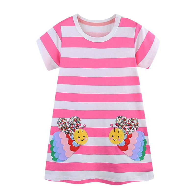 2-7T Jumping Meters Bees Applique Princess Girls Dresses Summer Striped Baby Clothing Cotton Kids Frocks Dresses