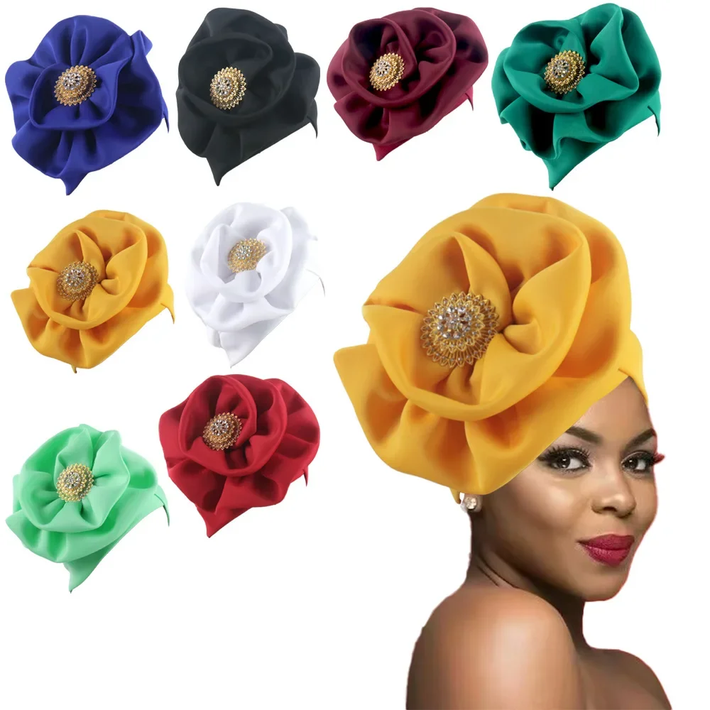 

Big Flower Diamonds Turban Cap for Women Nigeria Wedding Party Headscarf Muslim Hijab Bonnet African Auto Gele Headtie Head Wrap
