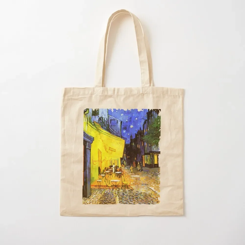 Pintura basada en Café, terraza por la noche, bolso de mano, bolso de lona, bolsos grandes para mujer, bolso grande, logo de compras para mujer