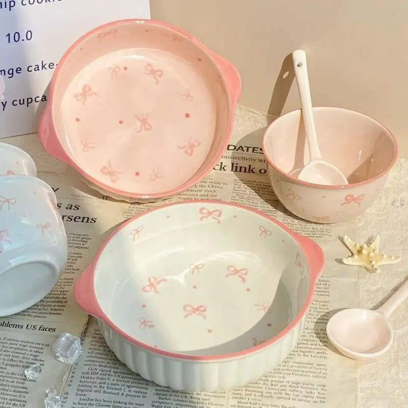 

Large Capacity Double Ear Bowl Dessert Bowl Cute Girl Heart Home Use Rice Bowl Soup Bowl Set High Aesthetic Value Man Ning