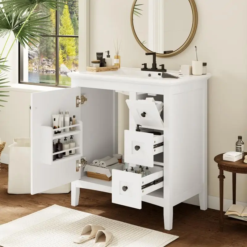 زينة حمام مقاس 30 بوصة مع حوض سيراميك، لمسة نهائية بيضاء، 3 أدراج، إطار من الخشب الصلب، خزانة تخزين حديثة، مثالية للاستخدام المنزلي #5