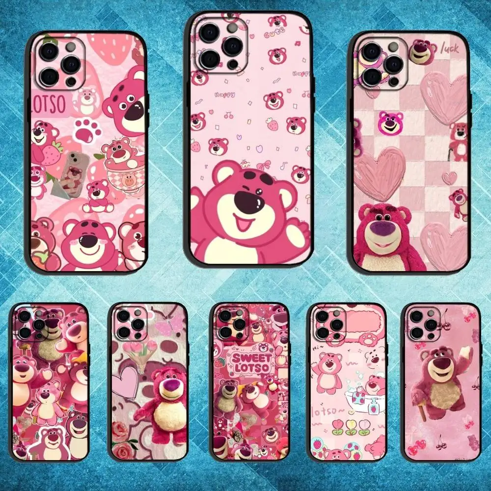 Чехол для телефона S-Strawberry Bear для iPhone 17,16,15,14,13,12,11 Plus, мягкий черный чехол Pro Max