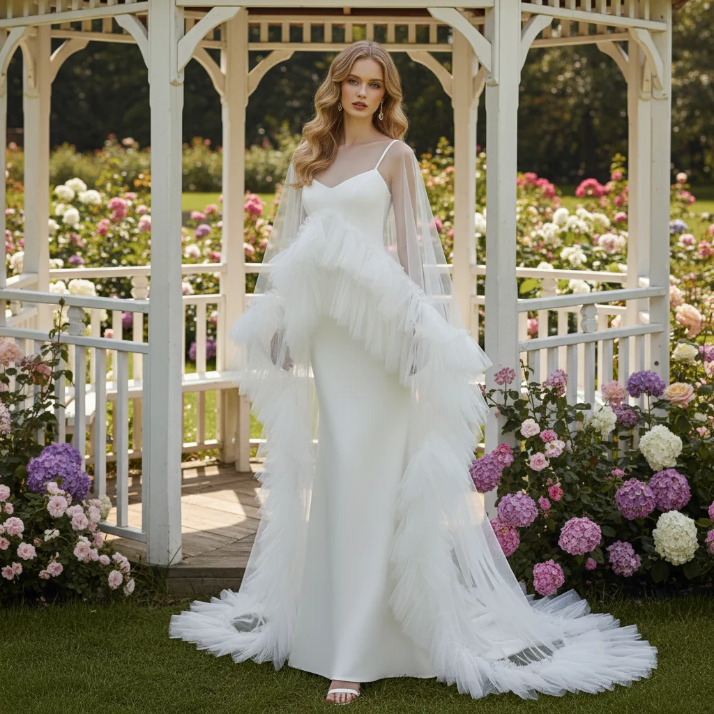 Elegant Classic Long Bridal Shawl Multiple Layers Ruffled Edges Trailing Wedding Cape for Women Bride Formal Ceremony GP03
