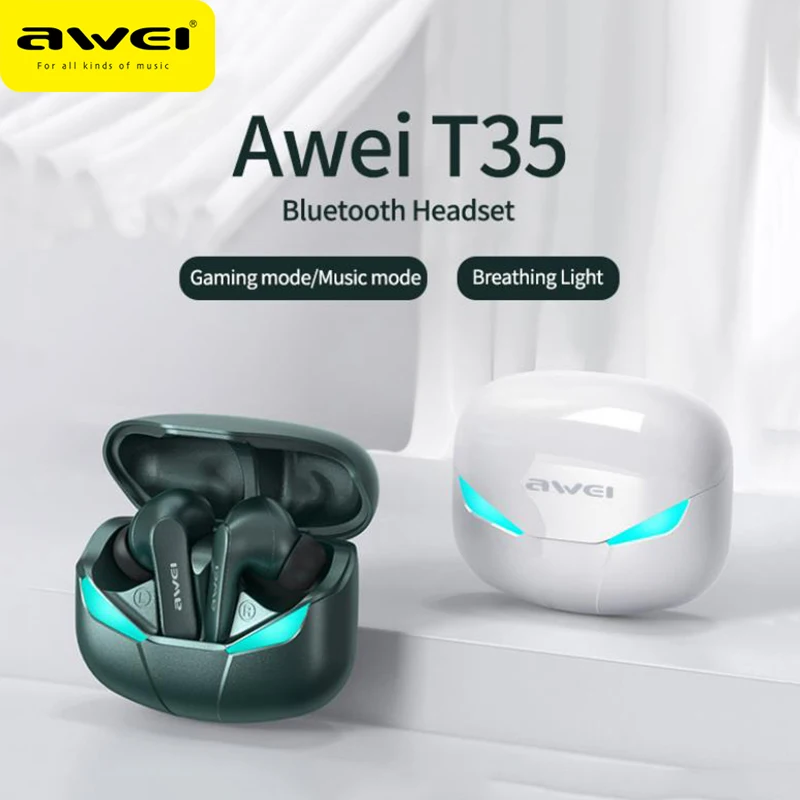 Awei T35 TWS Wireless Earphones With Mic Bluetooth Wireless Headphones Low Latency Gaming Earbuds Dual Mode