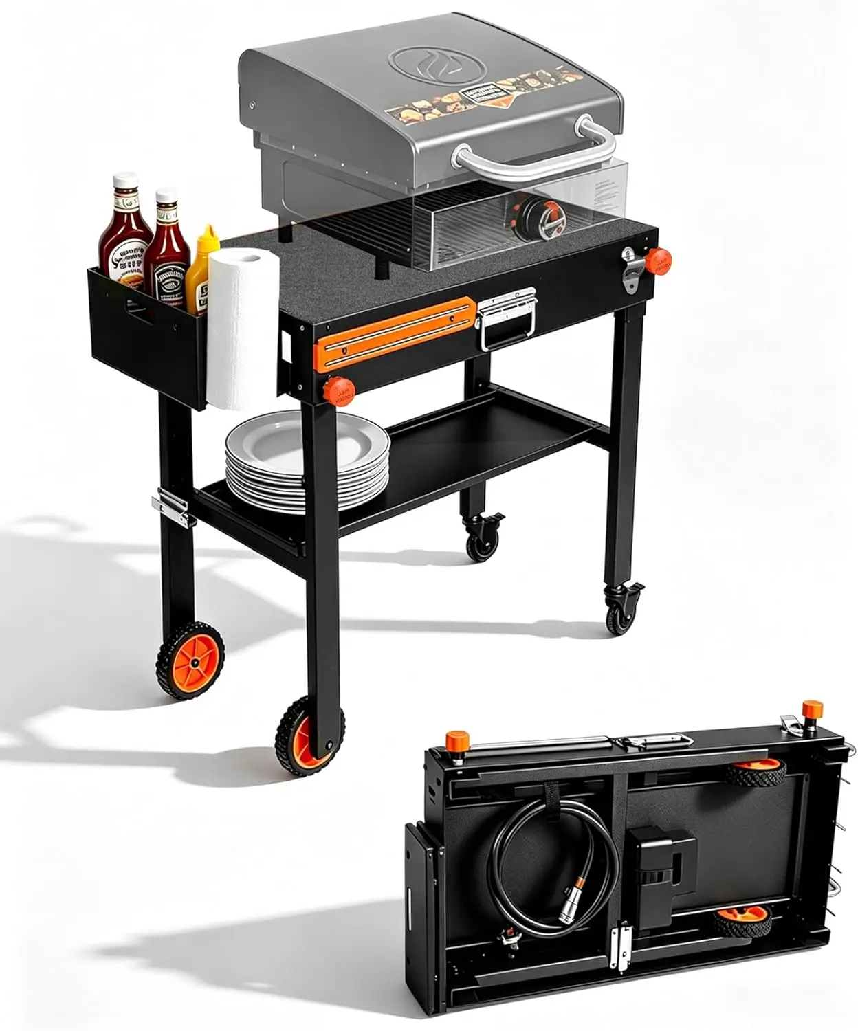 

Heavy Duty Griddle Stand for 17" & 22" Flat Top, Foldable Grill Cart with Locking Wheels, 20s Quick Setup, Anti-Wobble, for