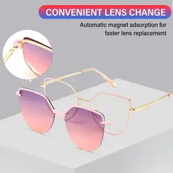 Metal Frame Polarized Lens 3 In-1 Cat Eye Glasses Anti-Blue Light Glasses Magnet Polarized Clip-On with 1Pc Sunglasses Lenses