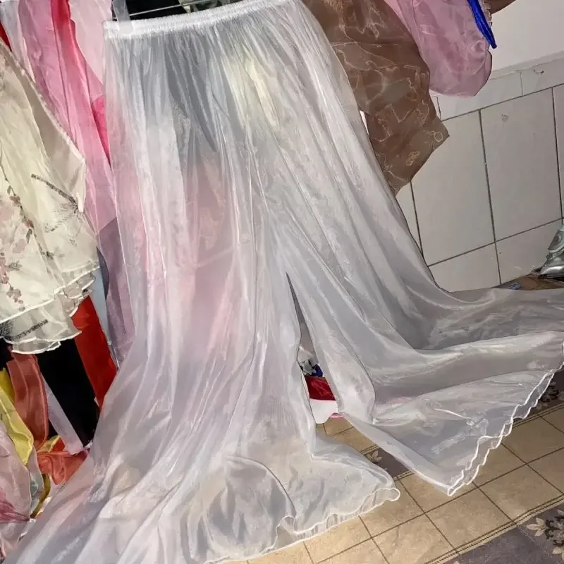 Men Sexy Tulle Glossy Wide Leg Pants Women Erotic Pantskirt Home See Through Thin Plus Size Casual Sleeping Bottoms