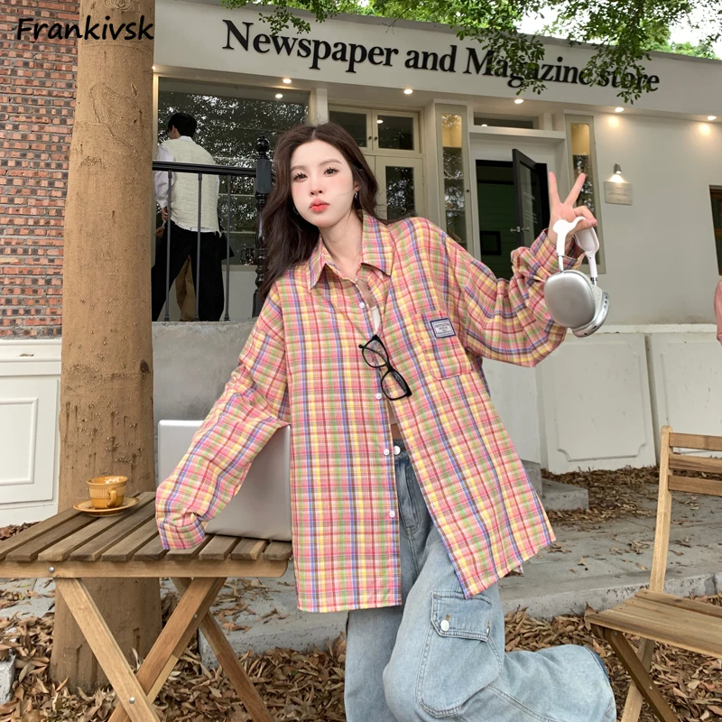 

Plaid Shirts Women Spring Colorful All-match Casual Single Breasted Loose Collage Office Lady Simple Comfortable Long Sleeve New