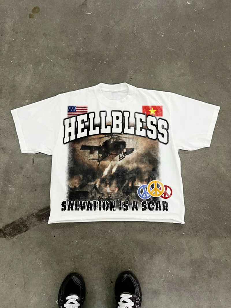 

Hellbless Aged Vintage Warzone Graphic Cropped T-shirt Men Fashion Round Neck Short Sleeved Women American Street Y2K Gothic Top