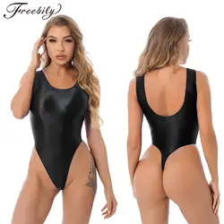 Women Glossy One-piece Bodysuit Swimwear Sexy Sleeveless Backless High Cut Jumpsuit Swimsuit Bathing Suit Sportswear Beachwear