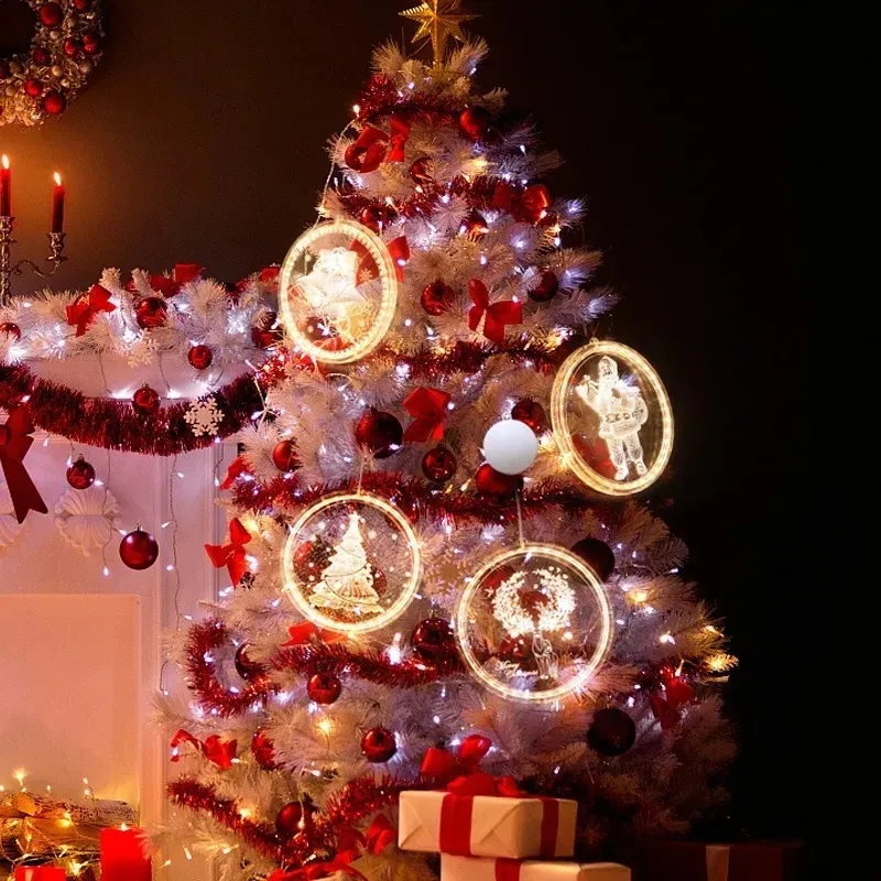 Christmas Ambient LED Hanging Ornament Battery Operated Acrylic Round Santa Snowflake Light for Home Window Xmas Tree Decoration