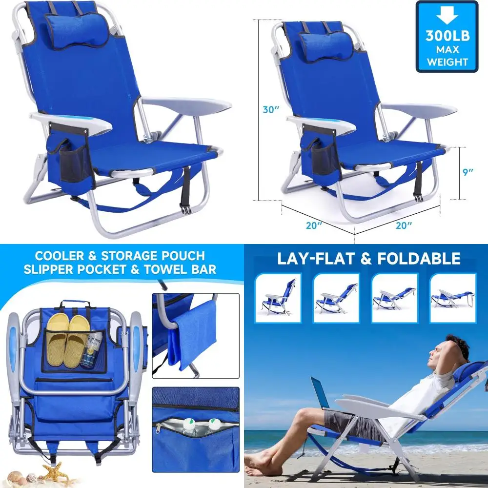 

Compact Reclining Beach Chair for Adults - Backpack Style with 5 Positions, Headrest, Cup Holder, and Pocket, Blue