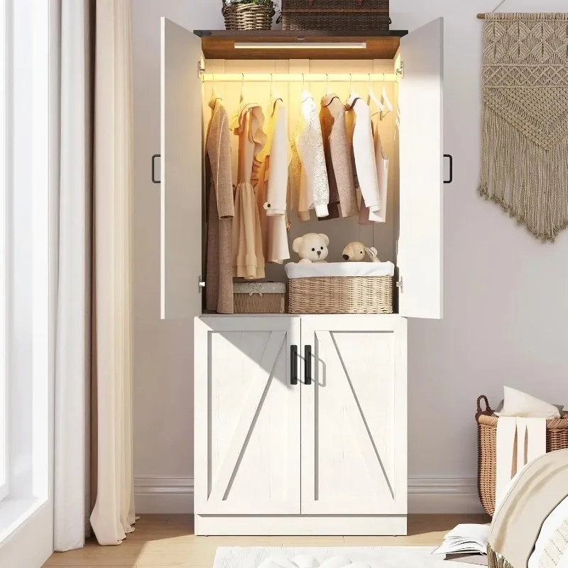 75 Inch Farmhouse Tall Wardrobe Armoire 2 Door Freestanding Closet Built-in LED Light Storage Cabinet Bedroom Clothing Organizer