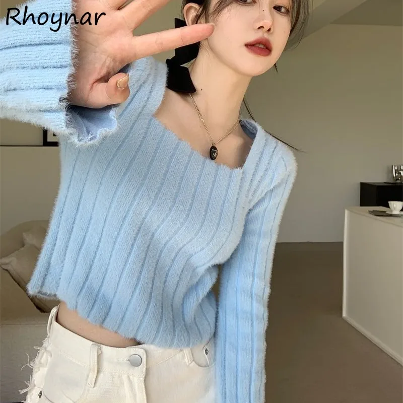 

Square Collar Pullovers Women Autumn Solid Simple All-match Basic Casual Inner Knitted Soft Slim Crop Tops Korean Style Trendy