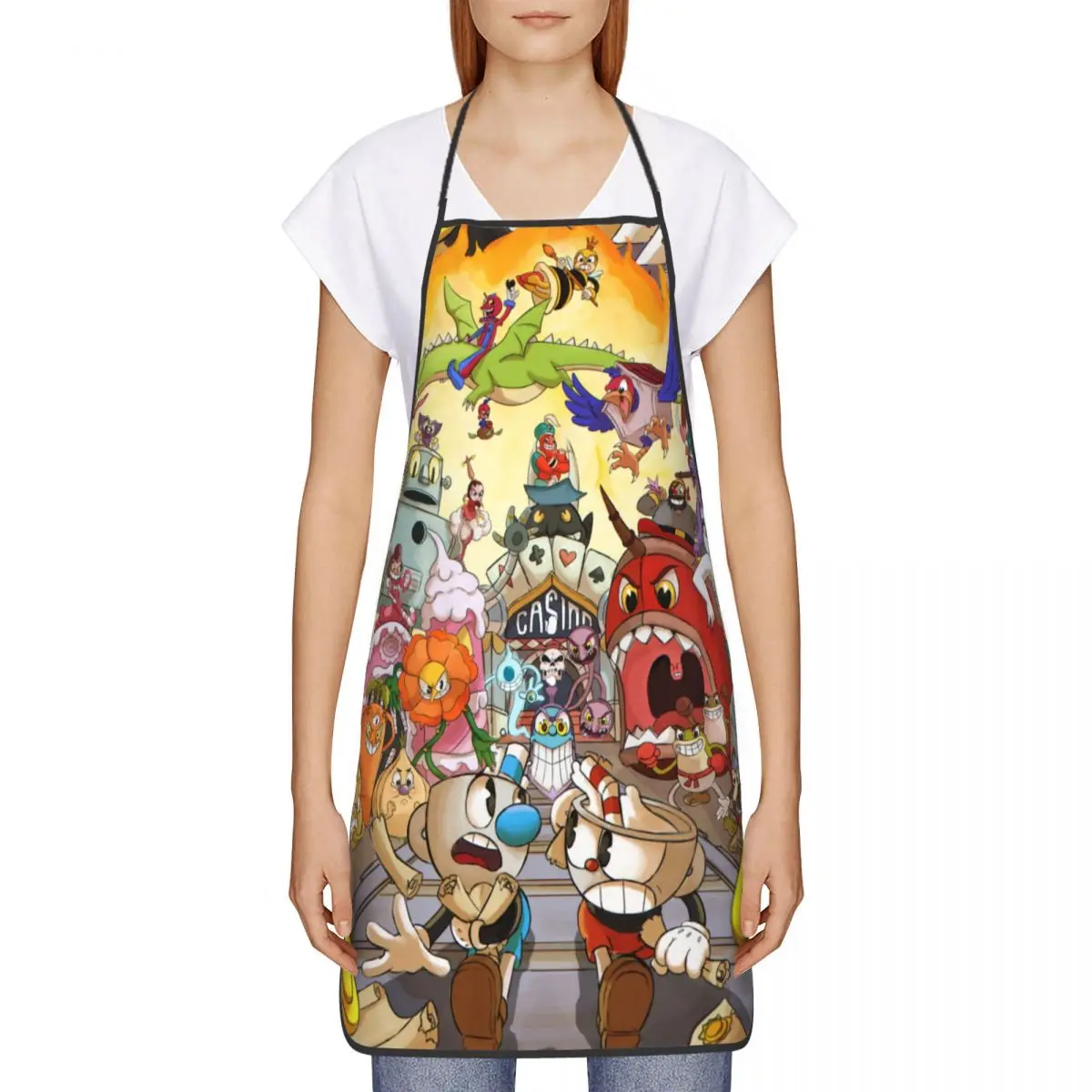 Custom Bib Cuphead Team Aprons Men Women Unisex Adult Chef Kitchen Cooking Cartoon Characters Tablier Cuisine Baking