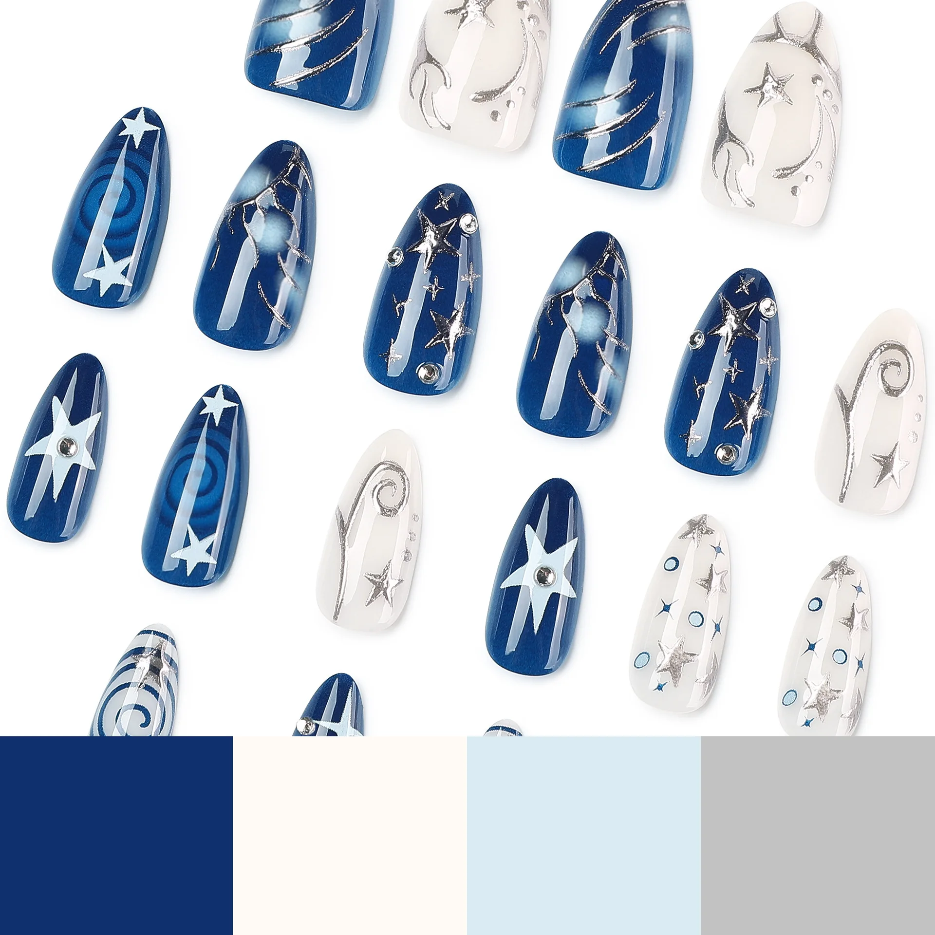24 Stück Y2k Blaue Mandelförmige Mode-Kunstnägel mit Silbersternen und Spiralstreifen-Muster, Aufklebenägel, Vollabdeckung, Abnehmbare Falschnägel – Detail 5