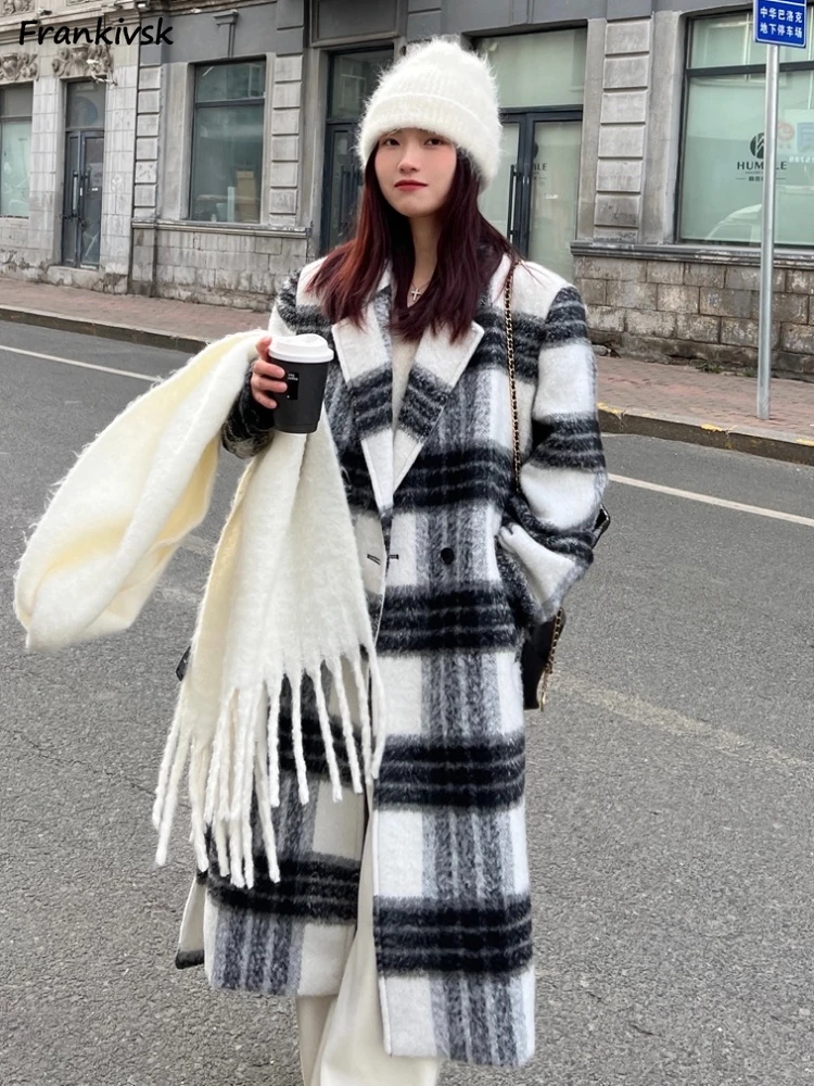 Plaid Blends Women Autumn Winter Contrast Color Advanced Vintage Korean Style Temperament Outwear College Hipster Chic Fashion