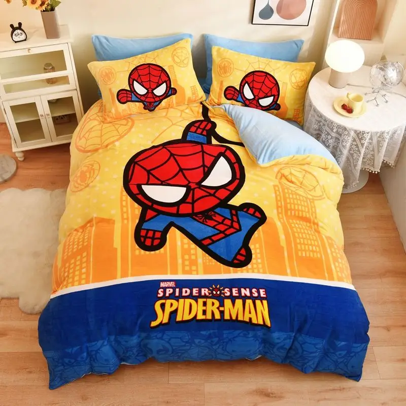 Marvel Spider-Man Captain America Cartoon Children's Plush Warm Sheets and Quilt Covers Home Four-piece Bedding Set Wholesale